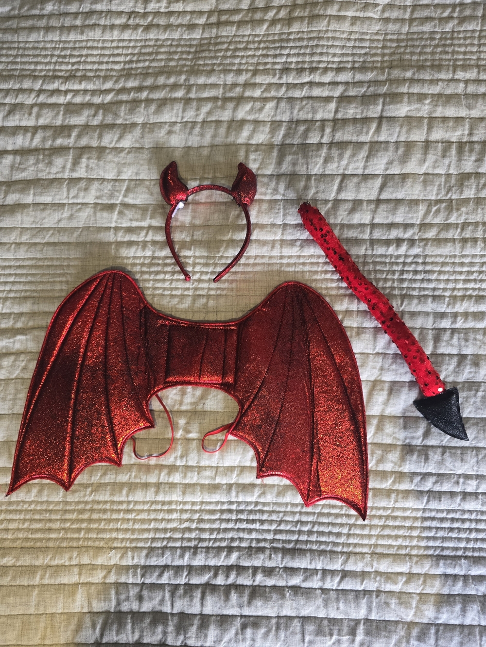 Red Glitter Devil Wings, Headband & Tail Kids Costume Set